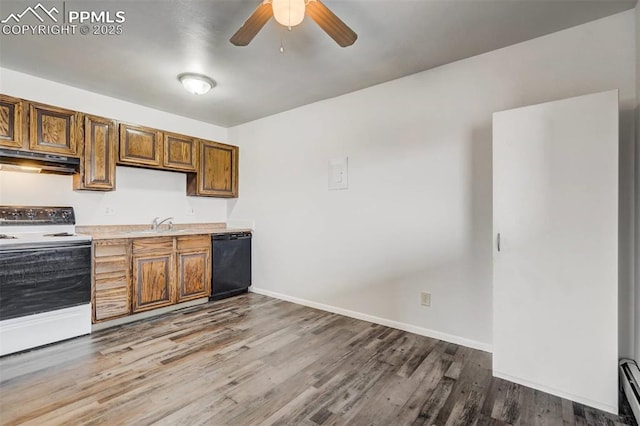 kitchen with white electric range, black dishwasher, hardwood / wood-style flooring, and ceiling fan