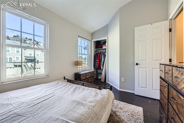 bedroom with dark wood-type flooring, vaulted ceiling, and a closet