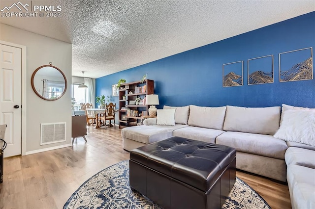 living room featuring wood-type flooring and a textured ceiling