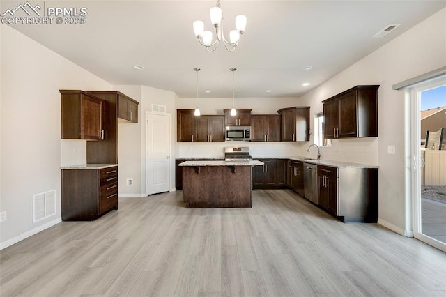 kitchen featuring sink, a center island, hanging light fixtures, and appliances with stainless steel finishes