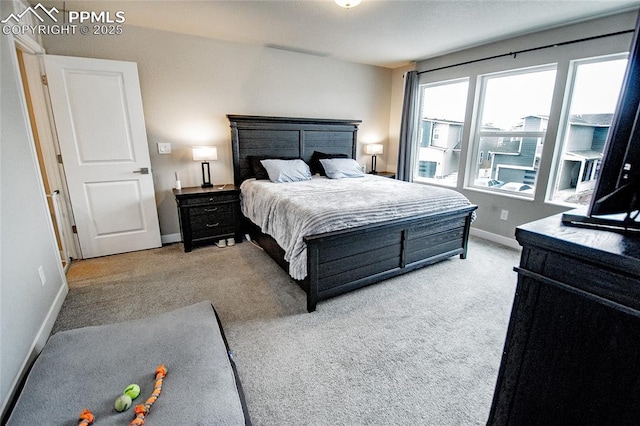 bedroom with light colored carpet