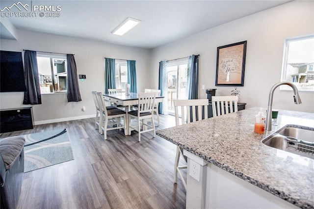 kitchen featuring light stone counters, sink, and light hardwood / wood-style flooring