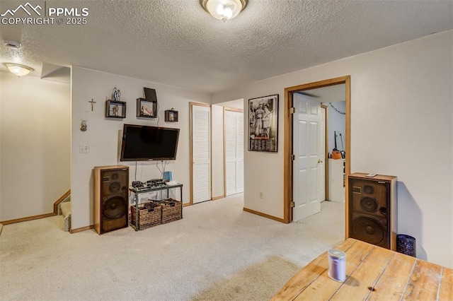 carpeted living room featuring a textured ceiling