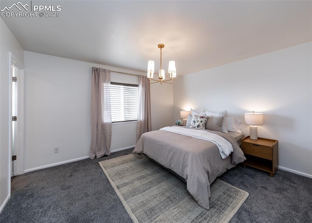 carpeted bedroom featuring an inviting chandelier