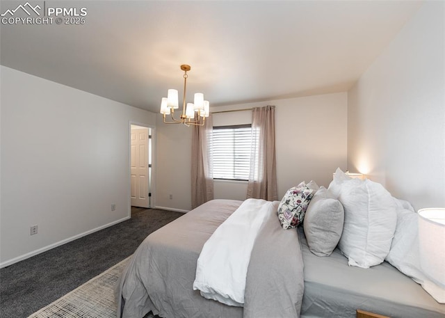 bedroom featuring a chandelier and dark carpet