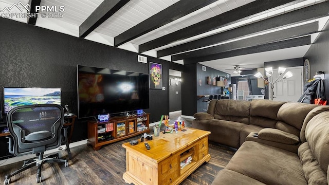 living room featuring beamed ceiling, ceiling fan, and dark hardwood / wood-style floors