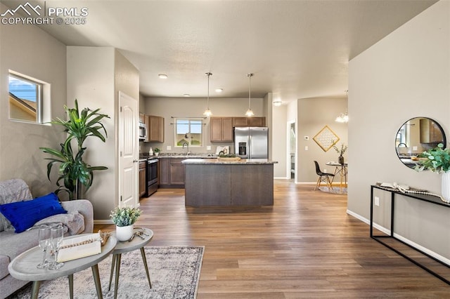 kitchen featuring hardwood / wood-style floors, sink, a center island, pendant lighting, and stainless steel appliances