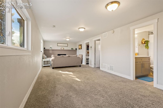 unfurnished living room with light carpet