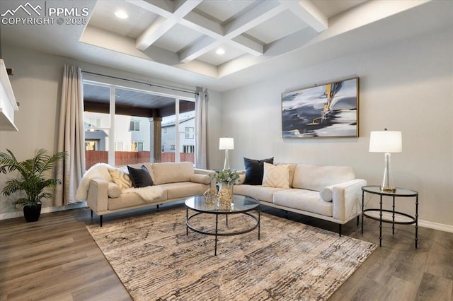 living room featuring coffered ceiling, beamed ceiling, and dark hardwood / wood-style floors