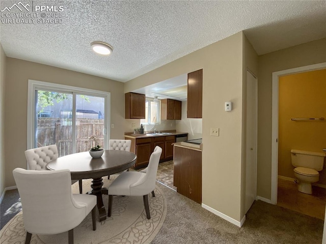 carpeted dining room featuring sink and a textured ceiling