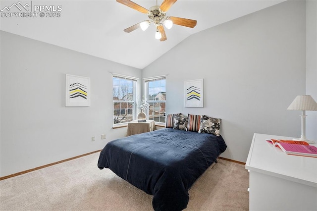 carpeted bedroom with lofted ceiling and ceiling fan