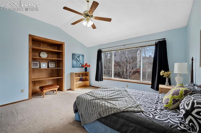 bedroom with lofted ceiling, light colored carpet, and ceiling fan