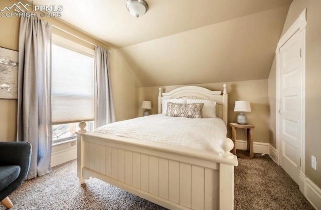 carpeted bedroom featuring vaulted ceiling