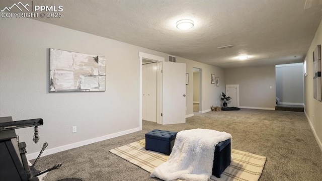 living area featuring carpet floors and a textured ceiling