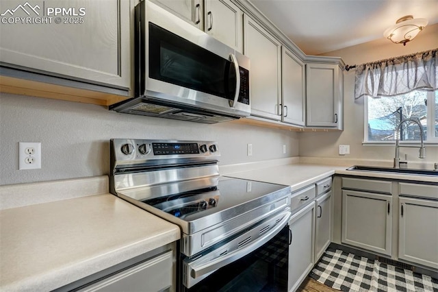 kitchen with gray cabinetry, sink, and stainless steel appliances