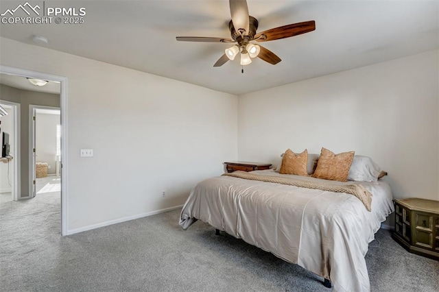 bedroom with ceiling fan and carpet floors