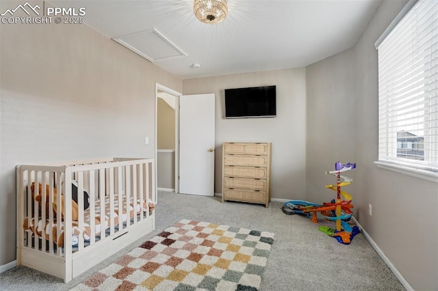 bedroom featuring light carpet