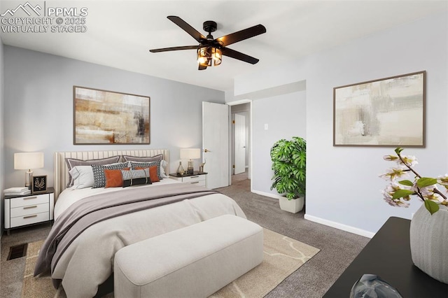 carpeted bedroom featuring ceiling fan