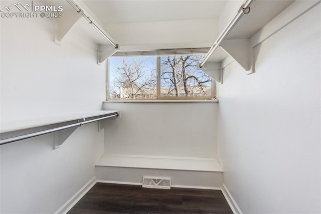 walk in closet with dark hardwood / wood-style floors