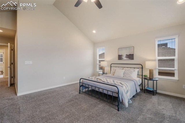 bedroom with carpet floors, high vaulted ceiling, and ceiling fan