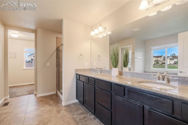 bathroom featuring plenty of natural light, vanity, and an enclosed shower