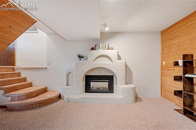 living room featuring wooden walls, carpet, and a textured ceiling