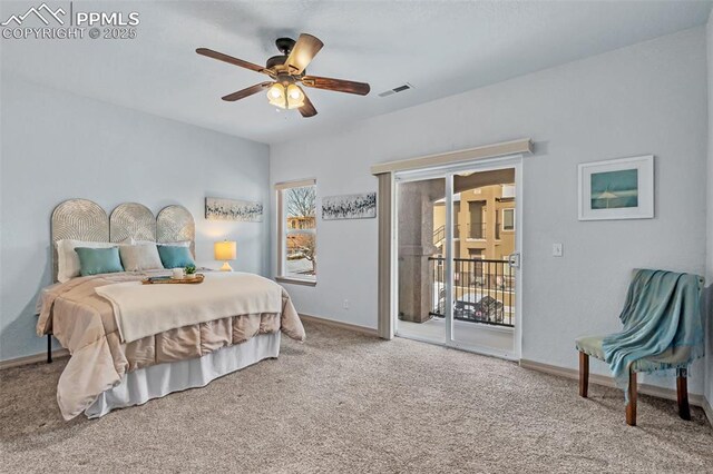 bedroom featuring ceiling fan, access to outside, and carpet floors