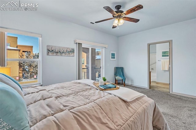 bedroom featuring access to outside, ceiling fan, and carpet flooring