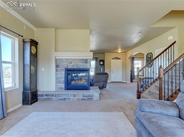 1235 Woodmoor Acres Dr, Monument, CO 80132 - carpeted living room featuring a stone fireplace and ornamental molding
