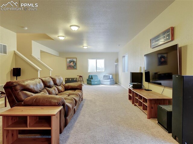 1235 Woodmoor Acres Dr, Monument, CO 80132 - carpeted living room with a textured ceiling
