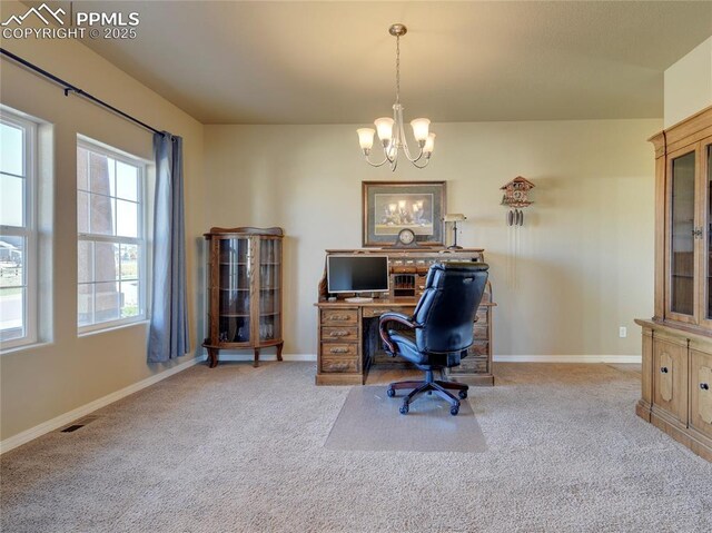 1235 Woodmoor Acres Dr, Monument, CO 80132 - carpeted office with an inviting chandelier