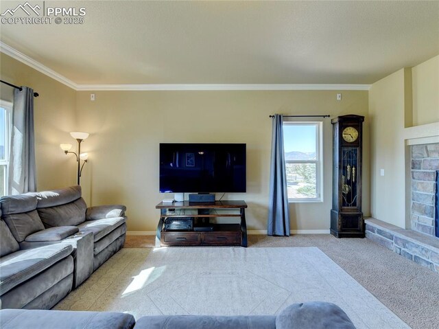 1235 Woodmoor Acres Dr, Monument, CO 80132 - living room featuring a fireplace, light colored carpet, and crown molding