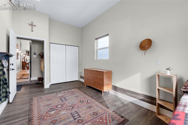 bedroom featuring dark hardwood / wood-style floors and a closet