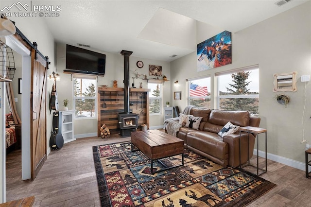 living room featuring hardwood / wood-style flooring and a wood stove