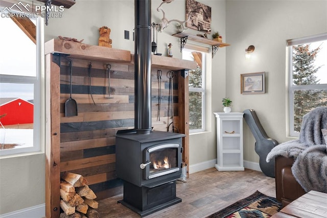 interior space with hardwood / wood-style flooring, plenty of natural light, and a wood stove