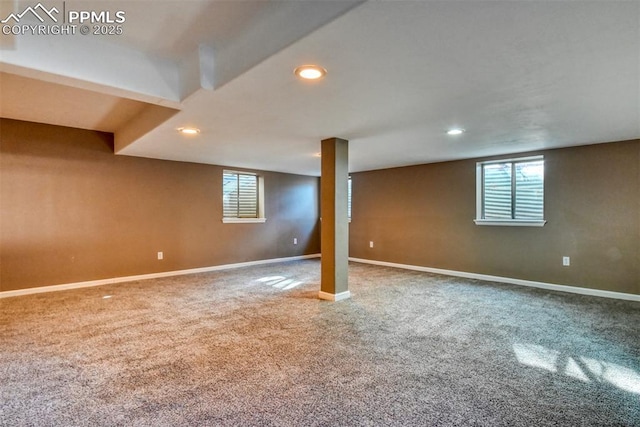 basement featuring carpet flooring