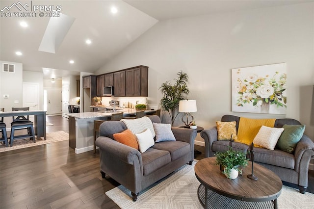 living room featuring high vaulted ceiling, dark wood-type flooring, and sink