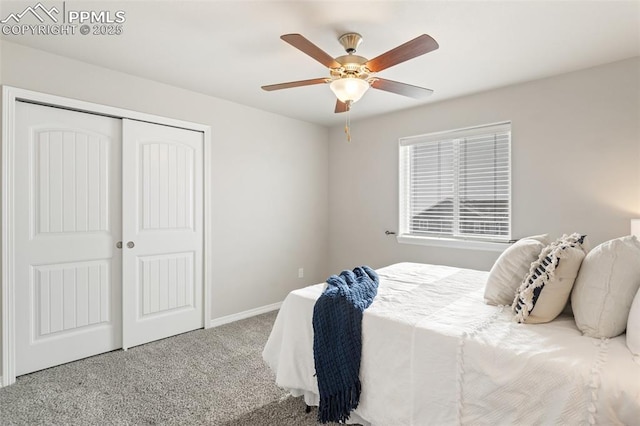 bedroom featuring ceiling fan, a closet, and carpet floors