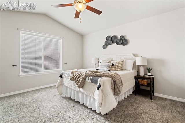 carpeted bedroom featuring ceiling fan and lofted ceiling