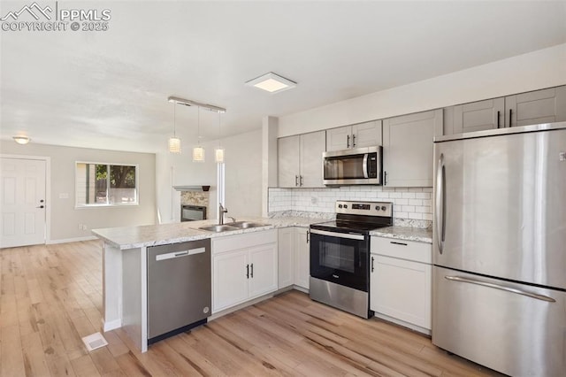 kitchen featuring backsplash, sink, appliances with stainless steel finishes, decorative light fixtures, and kitchen peninsula