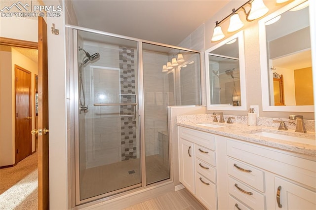 bathroom with vanity and a shower with shower door