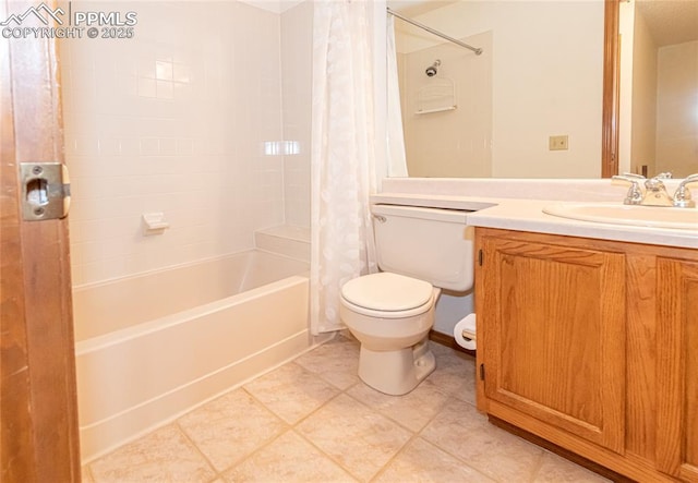 full bathroom featuring tile patterned flooring, vanity, toilet, and shower / bath combo with shower curtain