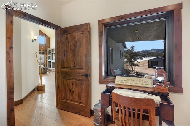 hallway featuring a wealth of natural light, baseboards, and wood finished floors