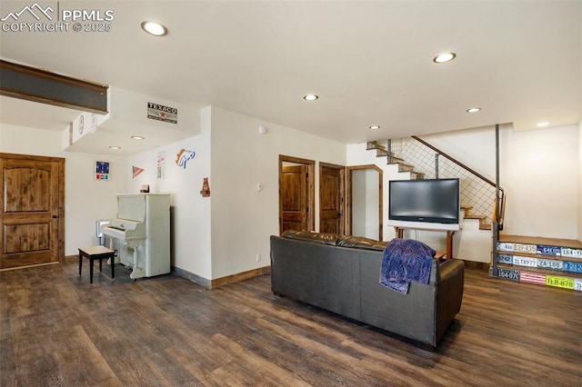 living area featuring stairs, wood finished floors, and recessed lighting