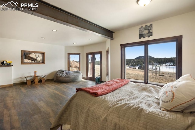 bedroom featuring access to outside, multiple windows, wood finished floors, and recessed lighting