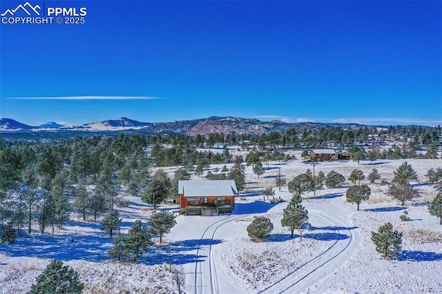 snowy aerial view featuring a mountain view