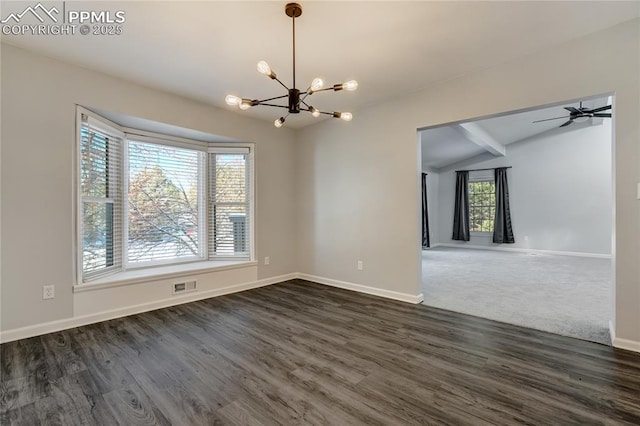 unfurnished dining area featuring lofted ceiling with beams, dark wood-type flooring, and ceiling fan with notable chandelier