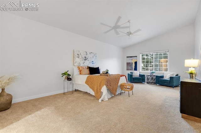 bedroom with light carpet, ceiling fan, and lofted ceiling