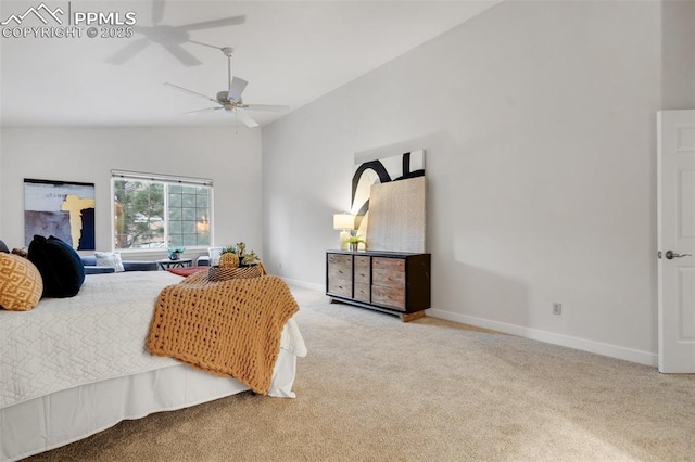 bedroom with light colored carpet, ceiling fan, and lofted ceiling