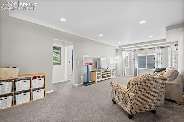 living room with a tray ceiling and carpet flooring